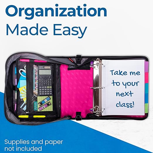 Case-it King Sized Zip Tab School Zipper Binder | 4-Inch D-Rings, 800 Sheet Capacity, 5-Subject Expanding File Folder, Multiple Pockets & Storage Organizer, Shoulder Strap | D-186 Magenta (Pack of 4)