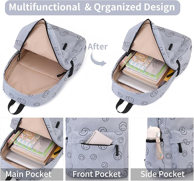 Backpack for Girls Boy Teen Corduroy Bookbags Elementary Middle High School Women Laptop Bag with Lunch Box Pencil Bag (Smile Blue)