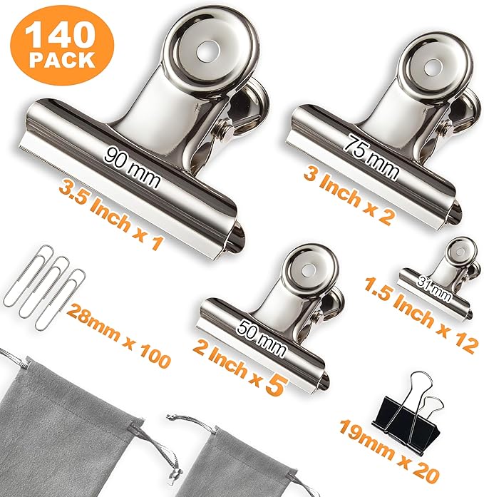 140 PCS Stainless Steel Metal Hinge Clips Assorted, Large Bulldog Clips 3.5+3+2+1.5 in, Bull Hinge Clip for Crafts, Photo, Drawing, Backdrop, Food Bags at Home, Office, School (Silver)