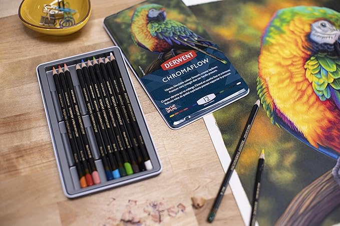 Derwent Chromaflow Colored Pencils Tin, Set of 12, Great for Holiday Gifts, 4mm Wide Core, Multicolor, Smooth Texture, Art Supplies for Drawing, Blending, Sketching, Professional Quality (2305856)