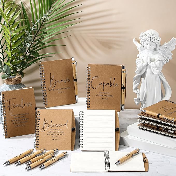 Kosiz 24 Sets Christian Gifts Bulk Inspirational Bible Verse Spiral Notebook and Religious Bamboo Ballpoint Pen Journal with Scripture for Easter Church Member First Communion Teacher Holy Week (Brown)