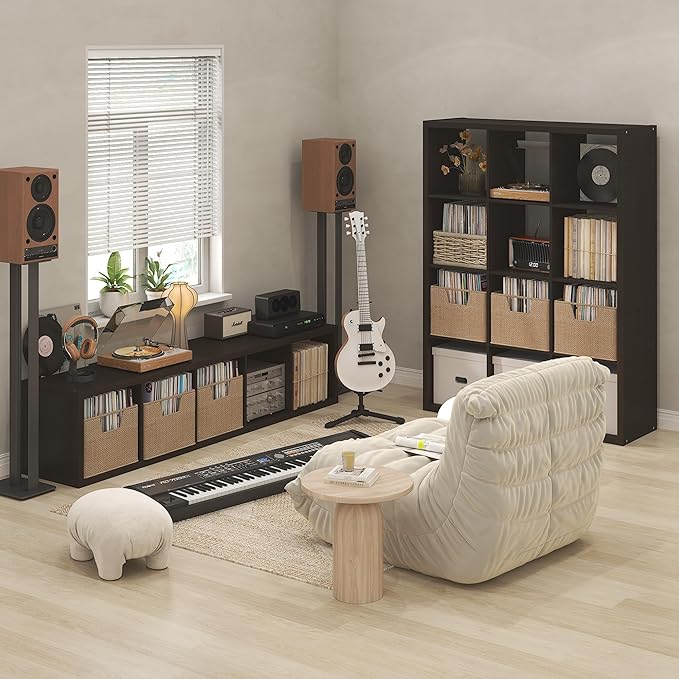 Furinno Cubicle Record Player Stand with Vinyl Storage, 5-Cube 1.2 Extra Thick Vinyl Record Storage, Open Back Media Shelf for CD DVD Blueray Game Disc, for Living Room, Home Office, Black Dark Oak