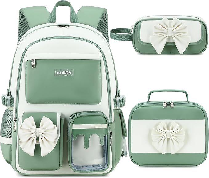 School Backpack for Girls 3PCS Nylon Kids Backpack Set with Lunch Box & Pencil Pouch, Cute Lightweight Teen Girls School Bag Laptop Bag Travel Daypack for Elementary Middle High School Beige Green