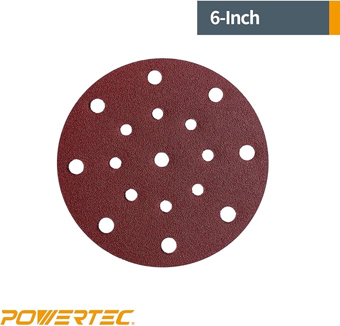 POWERTEC 45815, 6" x17 Holes, 150 Grit, A/O Hook and Loop Disc for Festool RO150 / ETS 150 Sander, Red, 50PK
