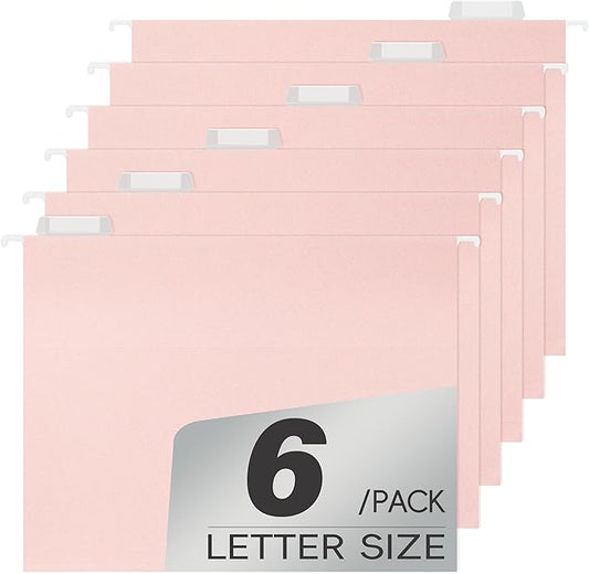 Pink Hanging File Folders,6 Pack Reinforced Hang Folders Letter Size,Adjustable 1/5-Cut Tabs,Designed for Bulky Files,Filing Cabinet