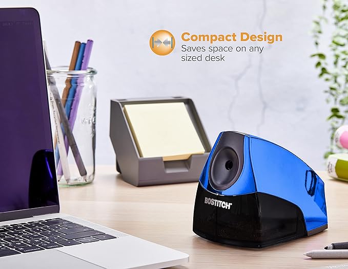 Bostitch Office Electric Pencil Sharpener, Heavy Duty Powerful Stall-Free Motor, High Capacity Shavings Tray, for Office or Classroom, Blue Chrome Metallic