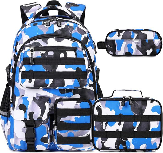 Camo Backpack for Boys, Tactical Boy Backpacks for School, Kids Backpack With Lunch Box Pencil Case USB Charging Port Military Army SchoolBags for Boy Teens Kids Elementary Middle High School