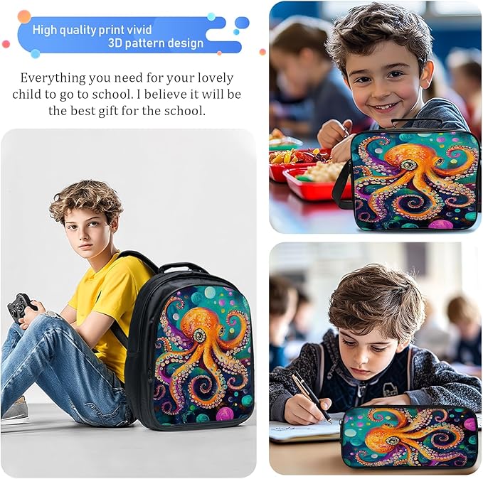 Octopus Backpack Set 3 Piece School Bags and Lunch Box with Pencil Case Octopus Bookbag Set for Toddler Kids Girls Boys Teens Kindergarten Elementary Middle