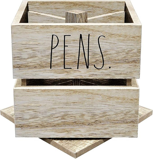 Rae Dunn Pencil Cup - Wooden Pen Holder Desktop Organizer - Small Rustic Wood Desk Top Caddy for Office Accessories and Supplies - Organization for Home, School, Classroom, Work - Square Light Wood