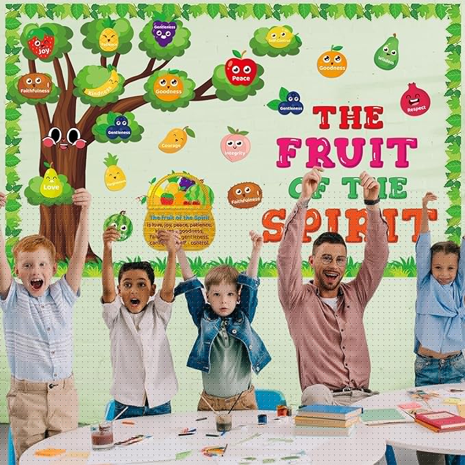 Fruit of The Spirit Bulletin Board Set Christian Classroom Decoration Religious Paper Cutouts Bibles Bulletin Board Border for Church Sunday Back to School Chalkboard Wall Decor Teacher Supplies