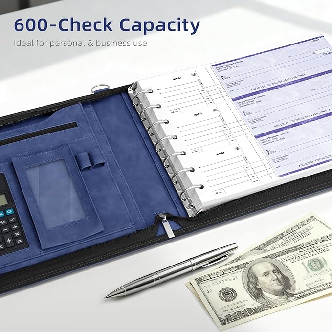 Ospelelf Blue Zippered 7 Ring Check Binder for Business Checks (9" x 13"), 1 Inch Faux Leather Checkbook Portfolio with Zipper Pouch, Professional Binder Organizer for Accountants, Home Use