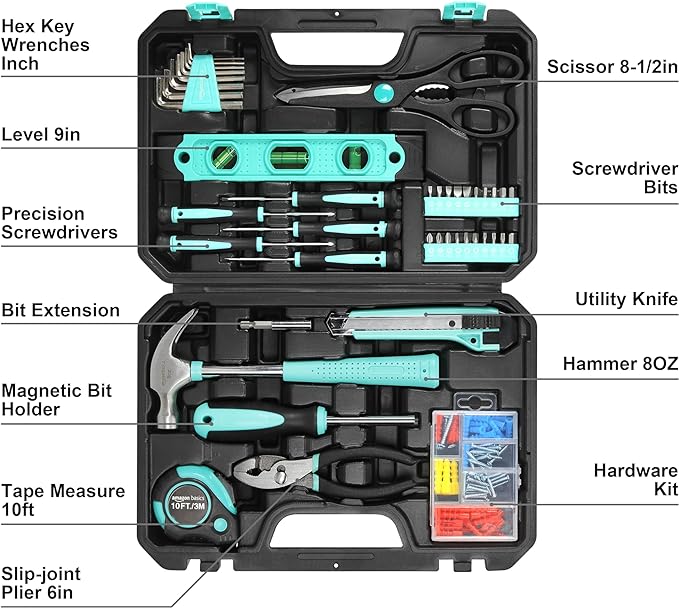 Amazon Basics 142-Piece Household Tool Kit for Home Repair,Hand Tools with Storage Case,13.39 x 9.25 x 2.95 inch,Turquoise,(Pack of 4)