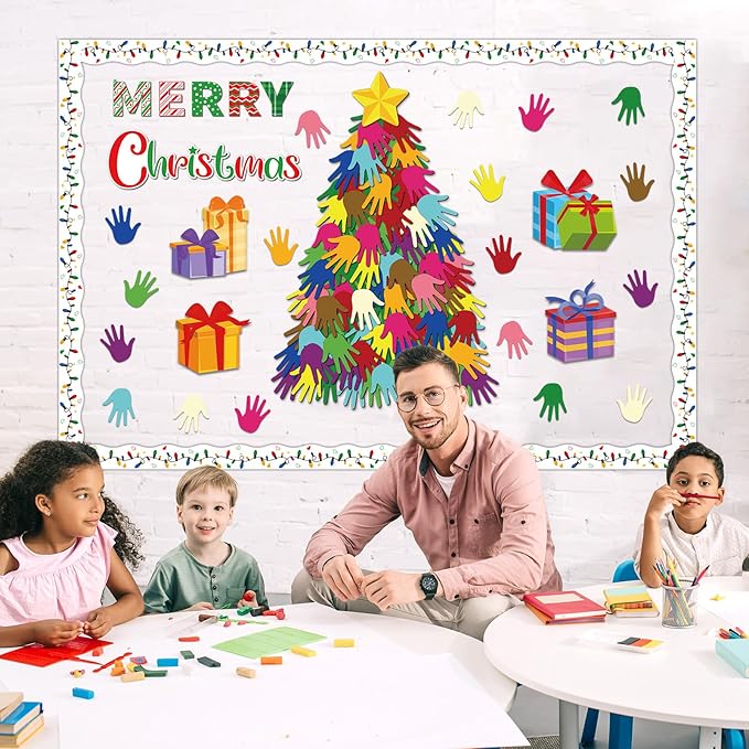 Christmas Bulletin Board Decoration Set Xmas Tree Handprint Name Tags Cutouts for Xmas Holiday Bulletin Board Decor Craft Home Wall(Merry Christmas)