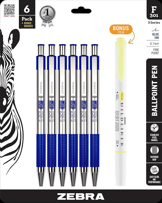 Zebra Pen F-301 Ballpoint Blue Ink Fine Point 0.7mm Stainless Steel Retractable Pen, 6-Pack + Bonus Mildliner Highlighter – Easy-Glide Ink, Non-Slip Grip, Professional Design, Ideal for Office (27193)