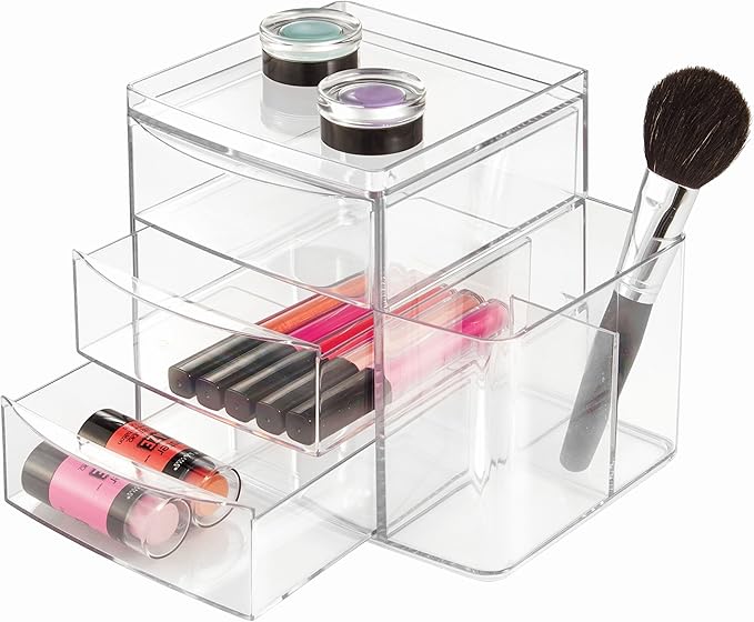 iDesign Clarity Cosmetic Organizer for Vanity Cabinet to Hold Makeup, Brushes, Beauty Products - 3 Drawers and Caddy, Clear