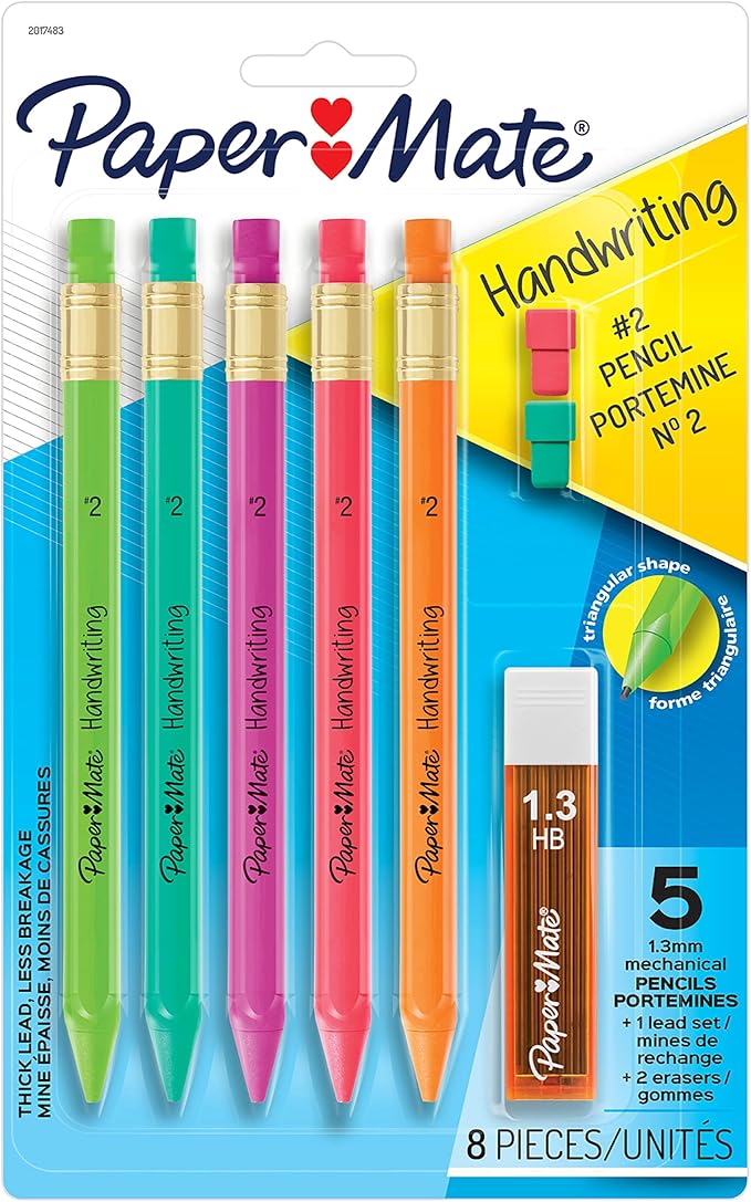 Paper Mate Handwriting Triangular Mechanical Pencil Set with Lead & Eraser Refills, 1.3mm, School Supplies, Office Supplies, Sketching Pencils, Drafting Pencil, Fun Barrel Colors, 8 Count (Pack of 2)