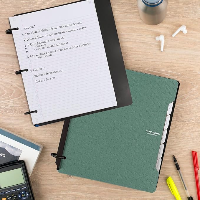 Five Star Flex Refillable Notebook + Study App, College Ruled Paper and 1-1/2 Inch TechLock Ring Binder with Pockets, Tabs and Dividers, 300 Sheet Capacity, Seaglass Green (29324AQ8) (Pack of 6)