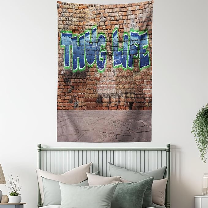 Ambesonne Thug Life Tapestry, Graffiti Style Words on a Brick Wall Street Urban Art Hip Hop Rap Culture Theme, Fabric Wall Hanging Decor for Bedroom Living Room Dorm, 23" X 28", Brown Blue