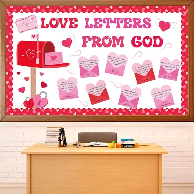 Valentine's Day Christian Bulletin Board Set Religious Mailbox Classroom Decor Bible Verse Inspirational Quotes Love Letters Cutouts Heart Bulletin Board Border for Sunday School Church VBS Wall Decor