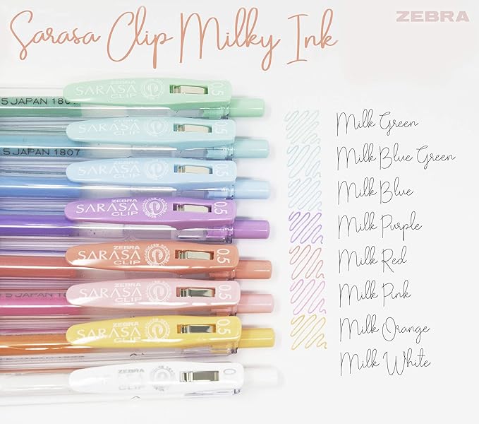 Zebra Pen Sarasa Clip Retractable Gel Pen, 0.5mm Fine Point, Assorted Milk Colors, Ideal for Office and School, Journal, Note Taking and Planner Use, 8-Pack (48908)