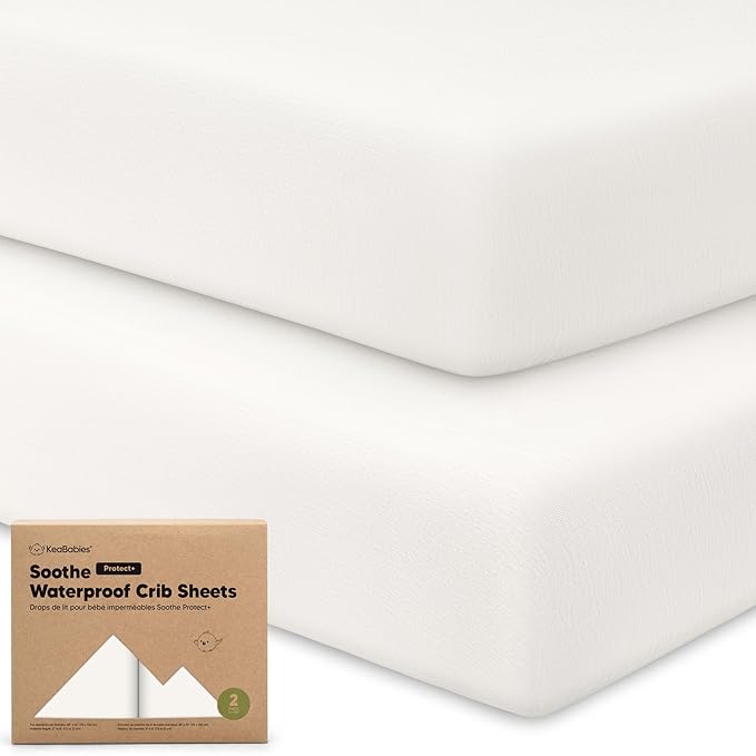 2-Pack Waterproof Crib Sheets for Boys, Girls - 52x28 Fitted Organic Cotton Baby Crib Sheets, Toddler Mattress Protector Cover, Washable, Soft & Durable Baby Bedding Essentials (Soft White)