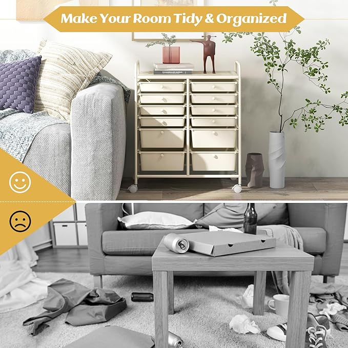 COSTWAY 12-Drawer Rolling Storage Cart, Moveable Art Craft Organizer W/Lockable Wheels, Metal Shelf, Files Arrangement Tools Makeup Storage Cart for Office, Home, School, White