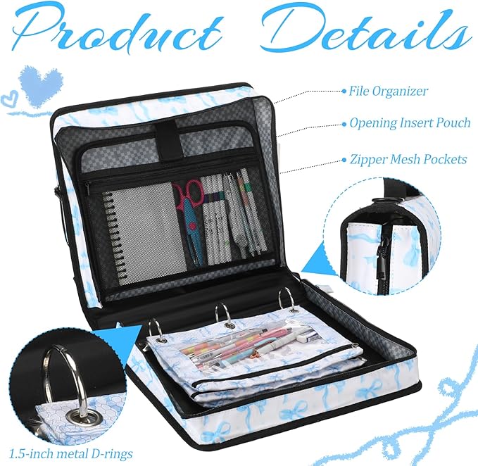 4 Pcs Blue Bow Coquette Zipper Binder with Pouch Bag Set 1.5 Inch 3-Ring Expanding Folders with Shoulder Straps and Handle Bowknot Keeper Watercolor Zipper Case for Office