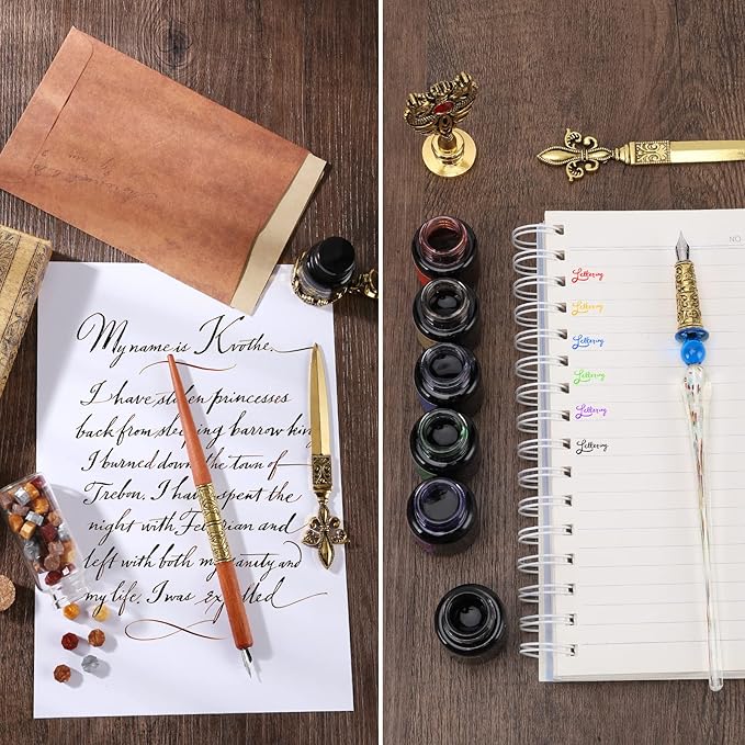 Quill Feather Pen and Ink Set, Calligraphy Pen Glass Dip Pen and Wax Seal Stamp Kit (Navy Blue)