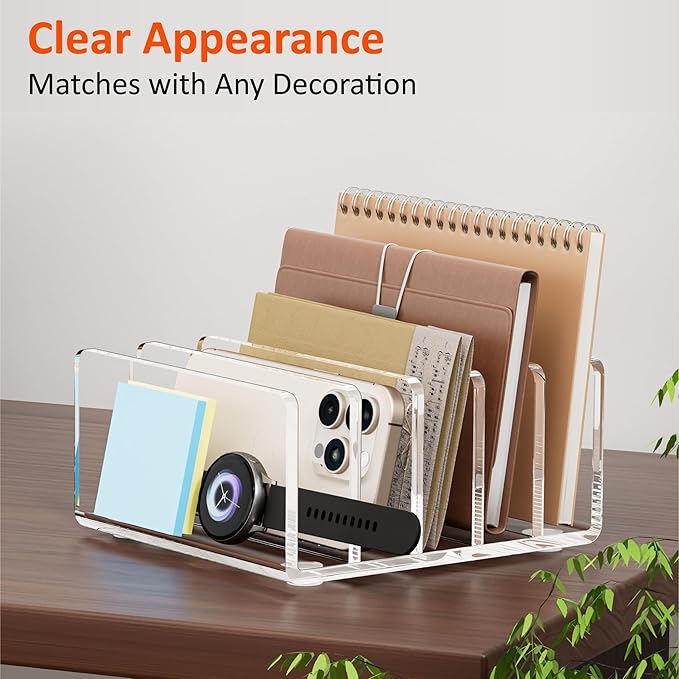 Desk Mail Organizer, 5 Section Clear Acrylic File Holder Letter Organizer, Vertical Lightweight Modern Envelope Holder Desk Accessories & Workspace Organizers for Office, Home, School