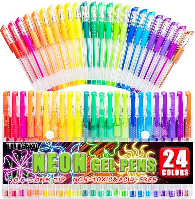 48 Pack Neon Gel Pens, 24 Colored Gel Pen with 24 Refills,40% More Ink Write Smooth for Adults Coloring Books Drawing Doodling Scrapbooks Bullet Journaling
