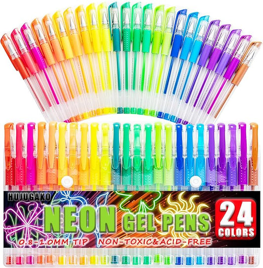 48 Pack Neon Gel Pens, 24 Colored Gel Pen with 24 Refills,40% More Ink Write Smooth for Adults Coloring Books Drawing Doodling Scrapbooks Bullet Journaling
