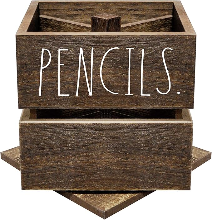 Rae Dunn Pencil Cup - Wooden Pen Holder Desktop Organizer - Small Rustic Wood Desk Top Caddy for Office Accessories and Supplies - Organization for Home, School, Classroom, Work - Square Dark Brown