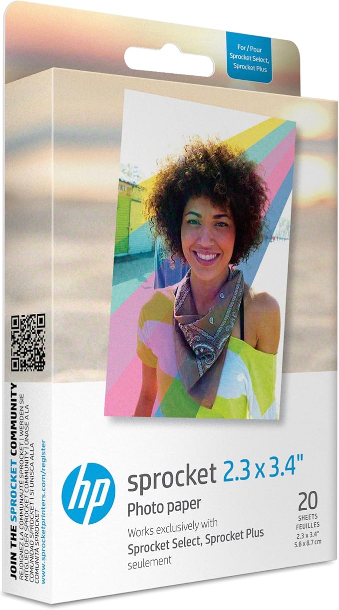 HP Sprocket 2.3 x 3.4" Premium Zink Sticky Back Photo Paper (20 Sheets) Compatible with HP Sprocket Select and Plus Printers.