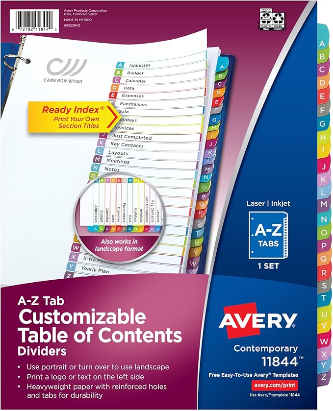 Avery A-Z Dividers for 3 Ring Binders, 26 Tabs per Set, Customizable Table of Contents, Multicolor Arched Tabs, Great for Organizing Reports, Projects, and More (12 Sets of 11844)