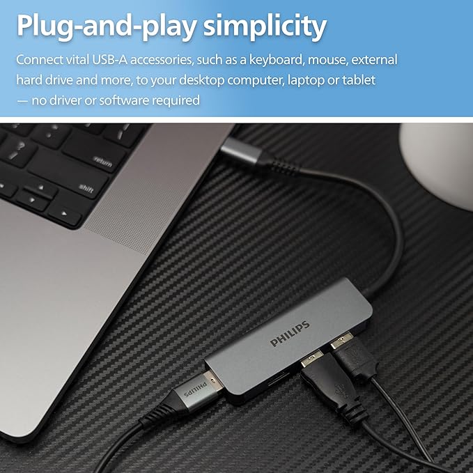 PHILIPS USB-C to USB Hub 3 Pack, 4 USB 2.0 Ports, 480 Mbps Data Transfer Speed, USB Multiport Adapter, Aluminum Case, Travel, School, Home, SWL3173M/37