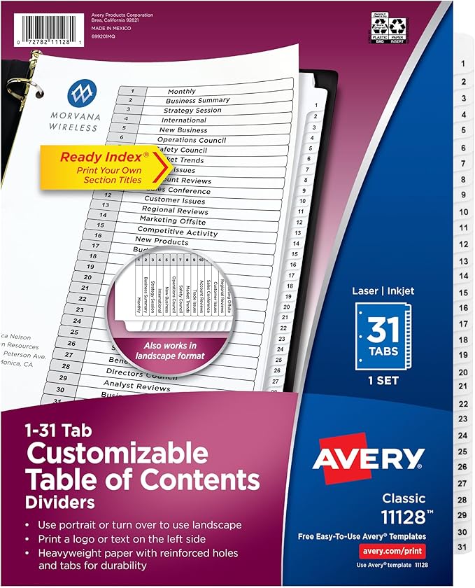 Avery 1-31 Dividers for 3 Ring Binders, 31 Tabs per Set, Customizable Table of Contents, Classic White Tabs, Great for Organizing Reports, Projects, and More (11128)