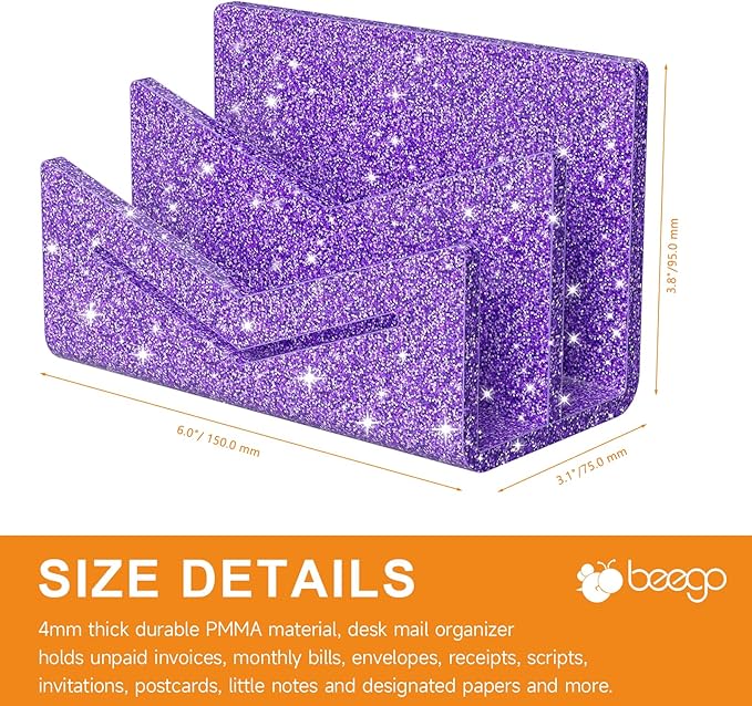 Beego Envelope and Mail Organizer Countertop - 2 Compartments Glitter Purple Acrylic Desk Organizer Letter Holder Desktop File Sorter Bill Document Folder Rack for Office, Home, School