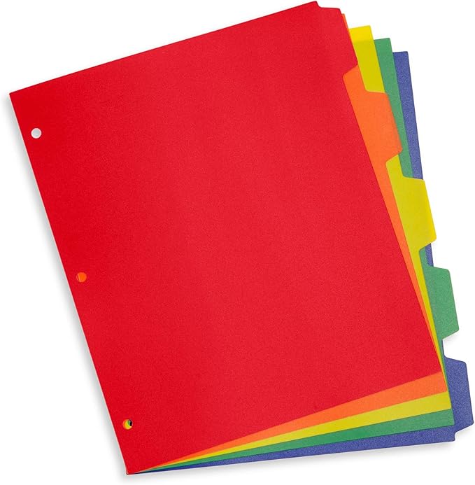 Blue Summit Supplies 5 Tab Heavy Duty Plastic Dividers for 3 Ring Binder, 15 Pack, Assorted Colors, 5 Tab Index Plastic Binder Dividers with Tabs and 3 Hole Punch, for Notebooks, Letter Size