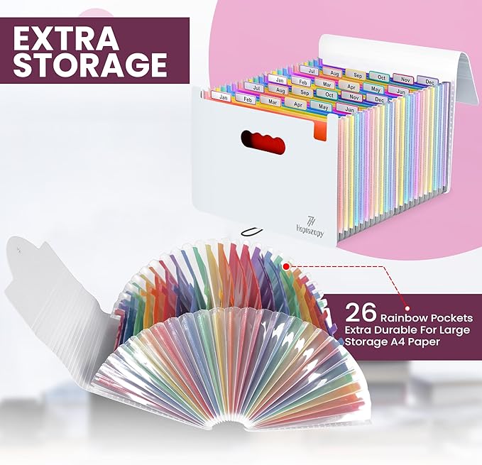 Plastic Accordion File Organizer, 26 Pockets Expandable File Folder Organizer, A4 Letter Size Filing Organizer with Colorful Tabs, Elastic Cord, 60 Paper Clip, Label & Stickers for Office School Home