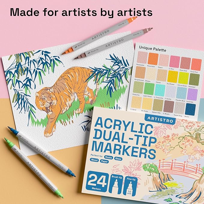 ARTISTRO 24 Pastel Acrylic Paint Markers - Paint Pens for Calligraphy, Brush + Fine Tips - For Fabric, Rock, Glass, Wood, DIY, Craft, Canvas - Art and Craft Supplies for Adults, Teens, Kids