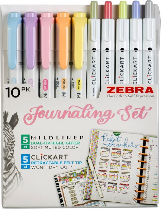Zebra Pen - Creative 10-Pack Journaling Set - No Bleed Highlighters & CLiCKART Pens - Assorted Colors for Note-Taking, Bible Study, Bullet Journaling and Creative Planning (14010)