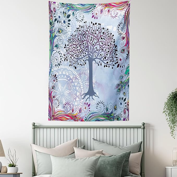 Ambesonne Nature Tapestry, Tree of Life Motif Peacock Feathers Tribal Vintage Prehistoric Flora Illustration, Wall Hanging for Bedroom Living Room Dorm Decor, 40" X 60", Blue