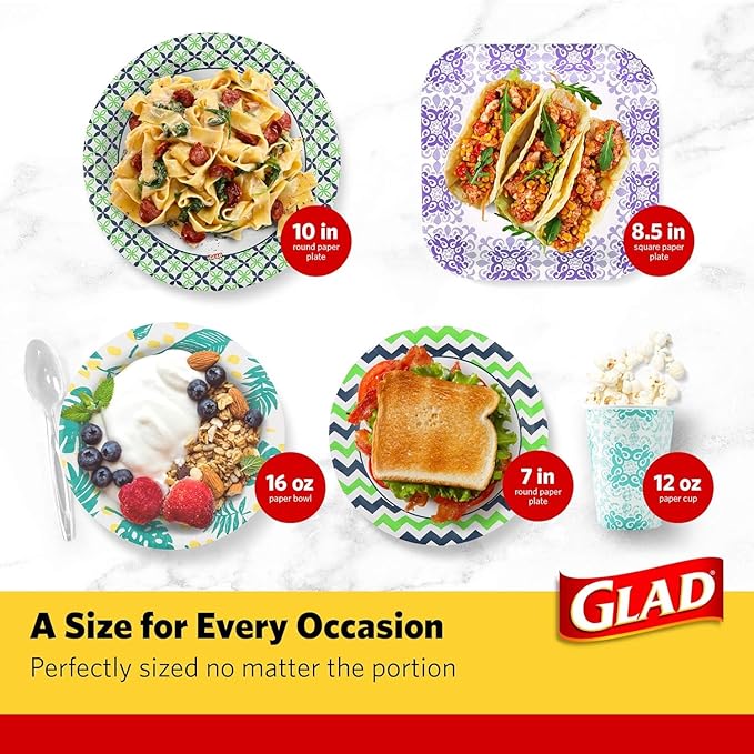 Glad Round Disposable Paper Bowls, Purple Victorian Design - Heavy Duty, Soak Proof, Cut-Resistant, Microwavable Bowl for All Foods & Daily Use, 12 Oz, 20 Count - 2 Pack