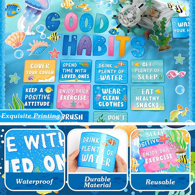 Ctosree 60 Pcs Summer Ocean Sea Healthy Bulletin Board Decorations Set Healthy Poster Jellyfish Fish Seaweed Shells Good Habits Cutouts for Classroom School Office Chalkboard Wall Supply