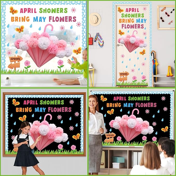 April Showers Bring May Flowers Bulletin Board with 3D Tissue Paper Pompoms Summer Floral Classroom Decoration Umbrella Clouds Flower Cutouts for Window Home Class School Nursery Supplies