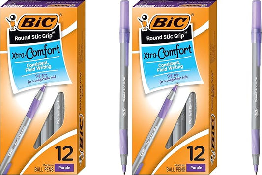 BIC Round Stic Grip Xtra Comfort Fashion Ball Point Pen; Purple;,12 Count (Pack of 2)