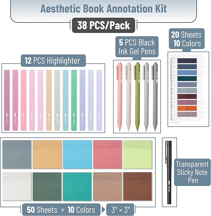 Mr. Pen- Aesthetic Book Annotation Kit, 38 pcs, Aesthetic Highlighters and Gel Pens, Transparent Sticky Notes, Transparent Sticky Tabs for Books, No Bleed Highlighters for Bible Pages No Bleed