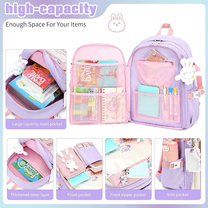 Backpack for Girls Cute Bookbag Set with Lunch Box Pencil Case Kawaii Bunny School Backpacks for Girl 3 Pcs Kindergarten Elementary Preschool Middle Sequin School Bag for Girls