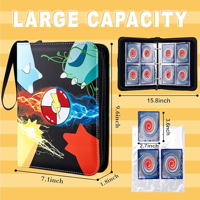 Card Binder 4 Pocket with 50 Removable Sleeves-Can Hold 400 Cards,3-Ring Zipper Sports Book is Gifts for Boys and Girls（Black）