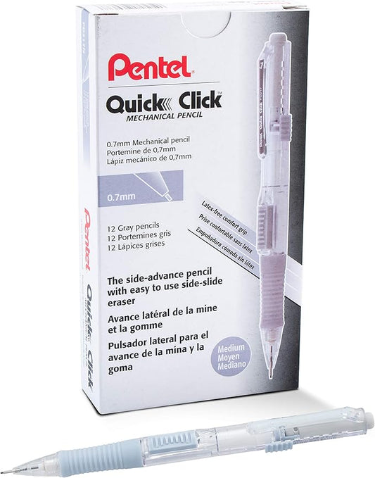 Pentel Quick Click Mechanical Pencil, (0.7mm), Medium, Gray Barrel, Box of 12 Pencils (PD217N)